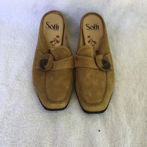 Suede stubby heels by Sofft, size 6, 2.5” heel, false buckle embellishment